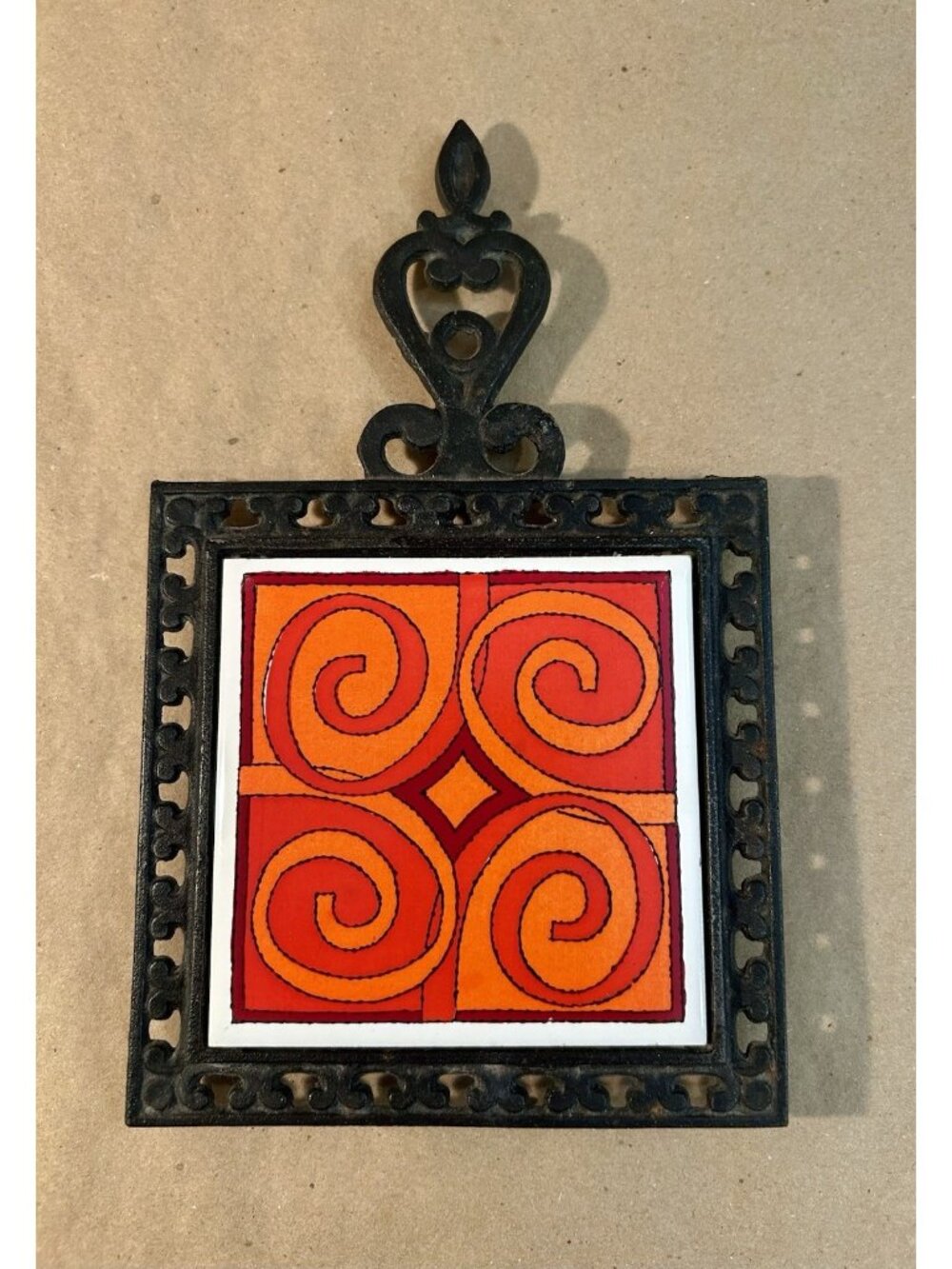 Vintage Ceramic Tile Cast Iron Footed Trivet- Cherry- Made in JAPAN- Red/Orange